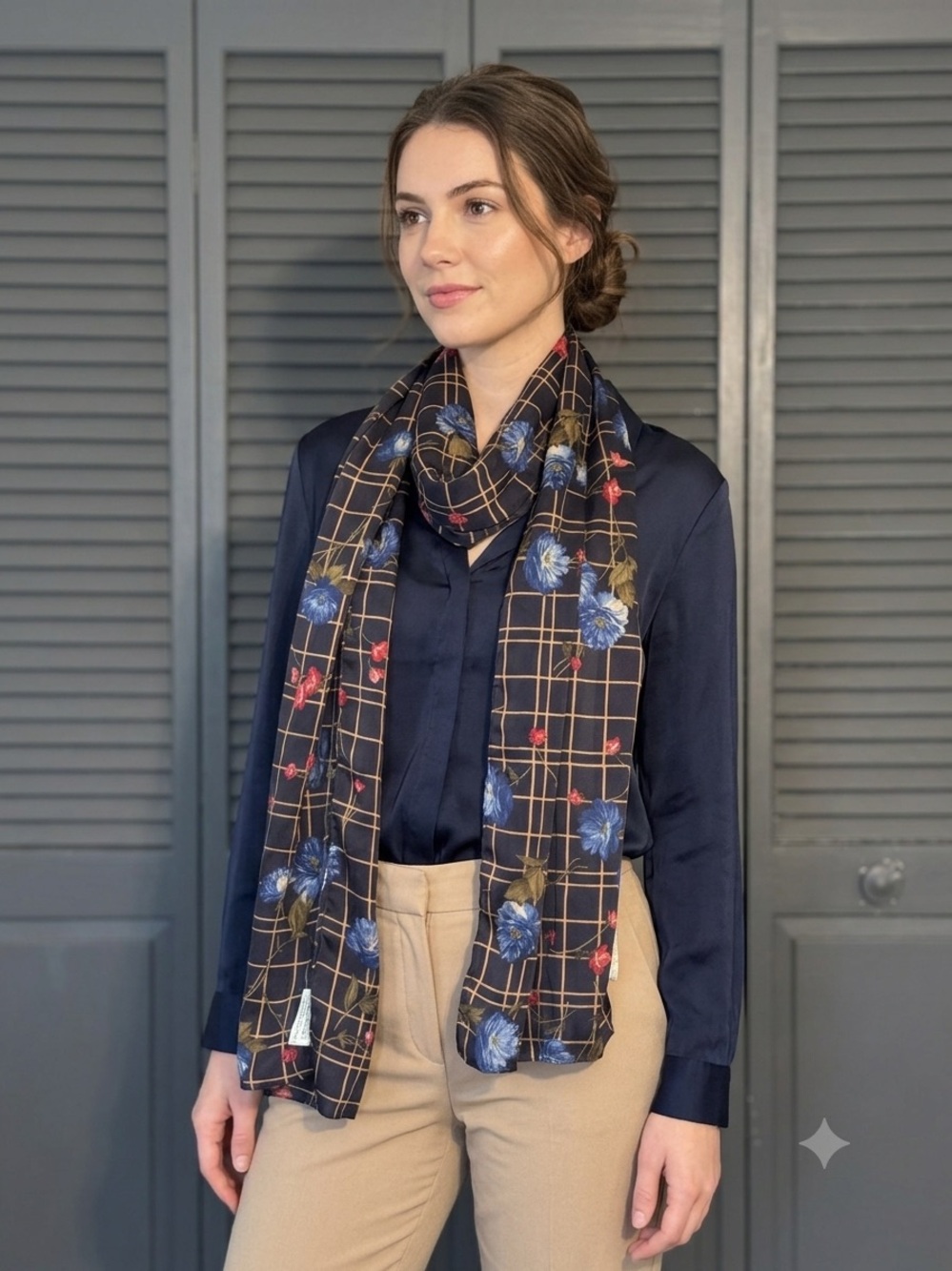 Laura Ashley Vintage Sheer Floral Plaid Scarf Navy Blue  12” x 64”